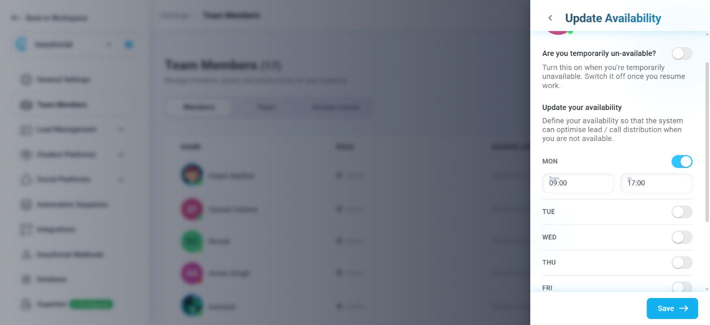 EasySocial Update Availability dialog with weekday selection and From and to time fields