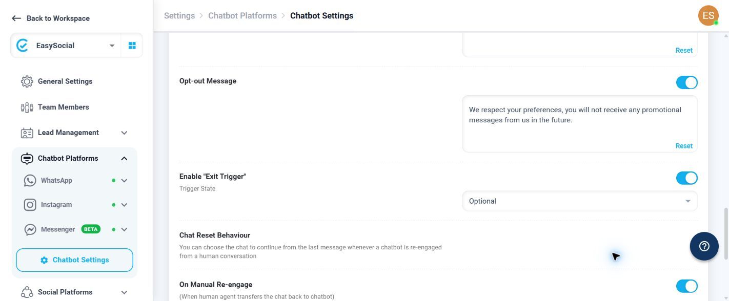 WhatsApp Chatbot Settings showing Opt-out Message and Exit Trigger