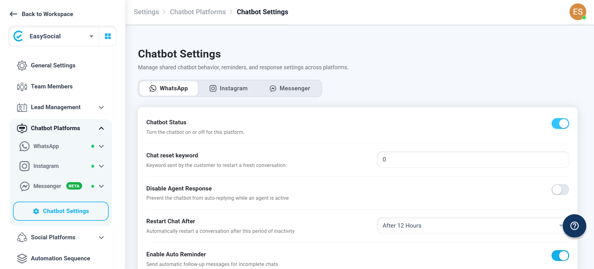 WhatsApp Chatbot Settings showing Chatbot Status and conversation behavior settings