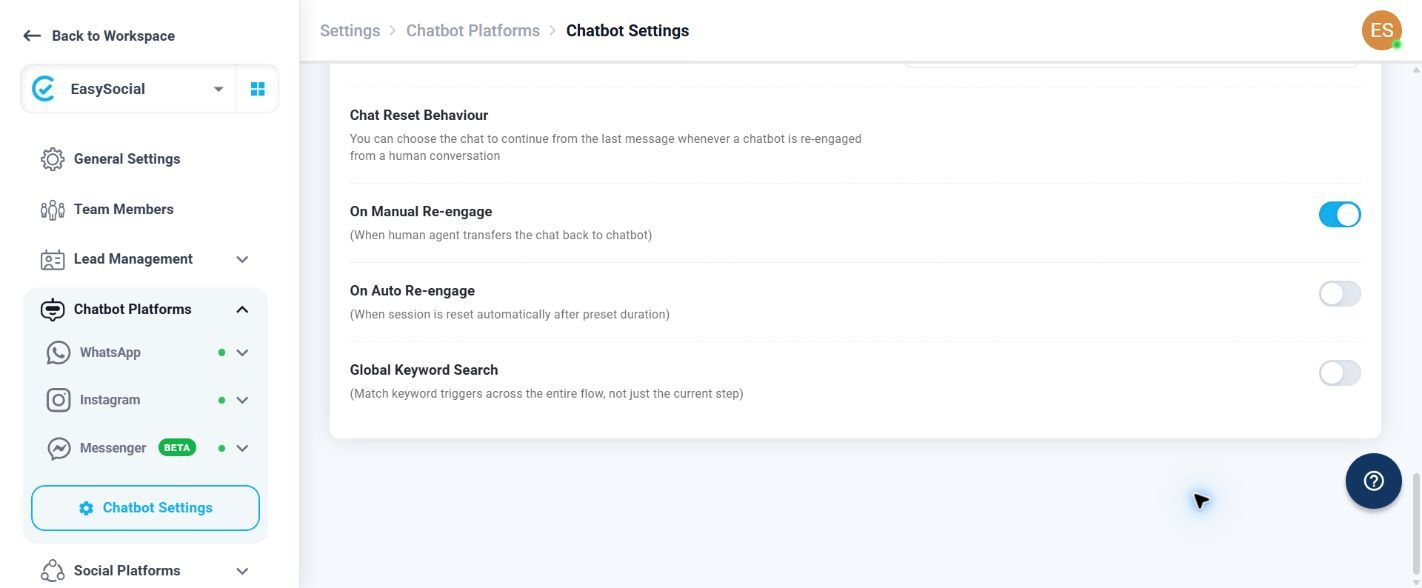 WhatsApp Chatbot Settings showing Chat Reset Behaviour and Global Keyword Search