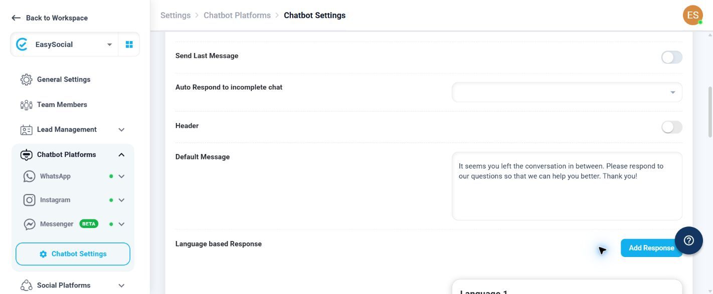 WhatsApp Chatbot Settings showing incomplete-chat response, Header, Default Message, and Language based Response