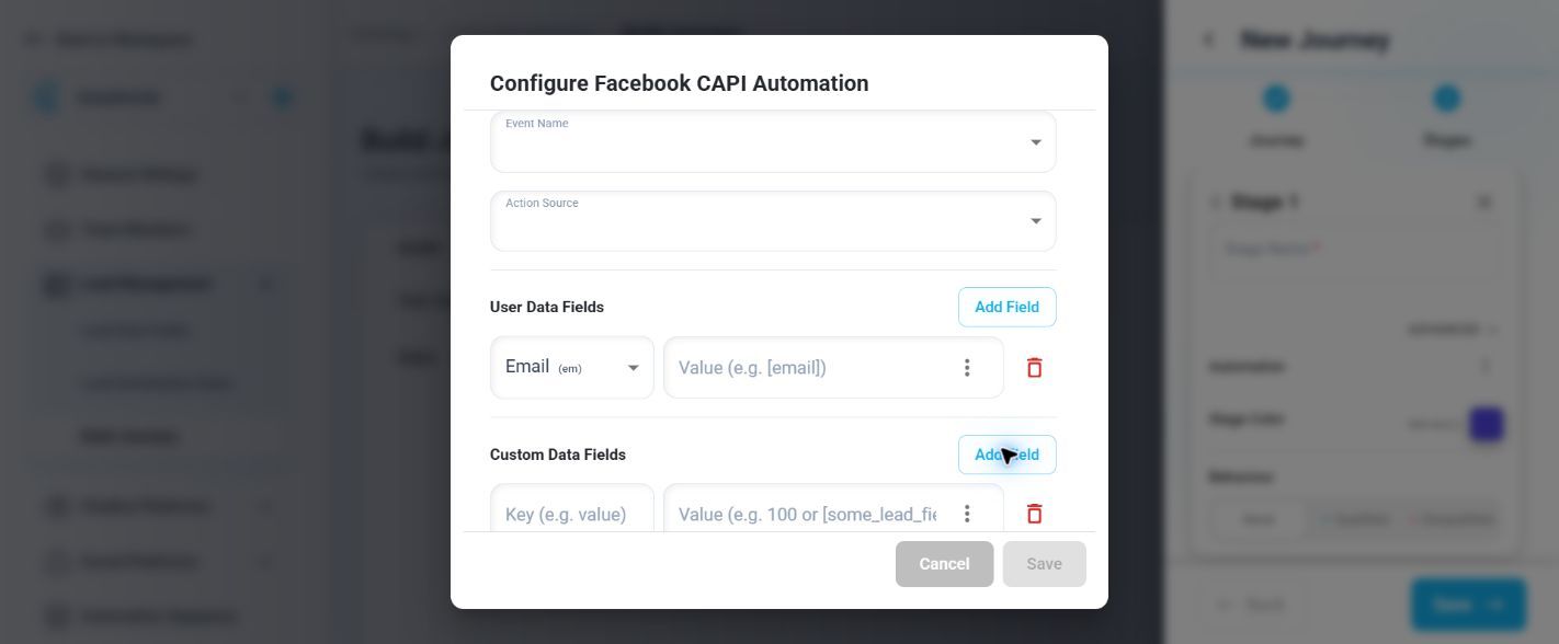 Facebook CAPI Automation configuration dialog in a Lead Journey stage