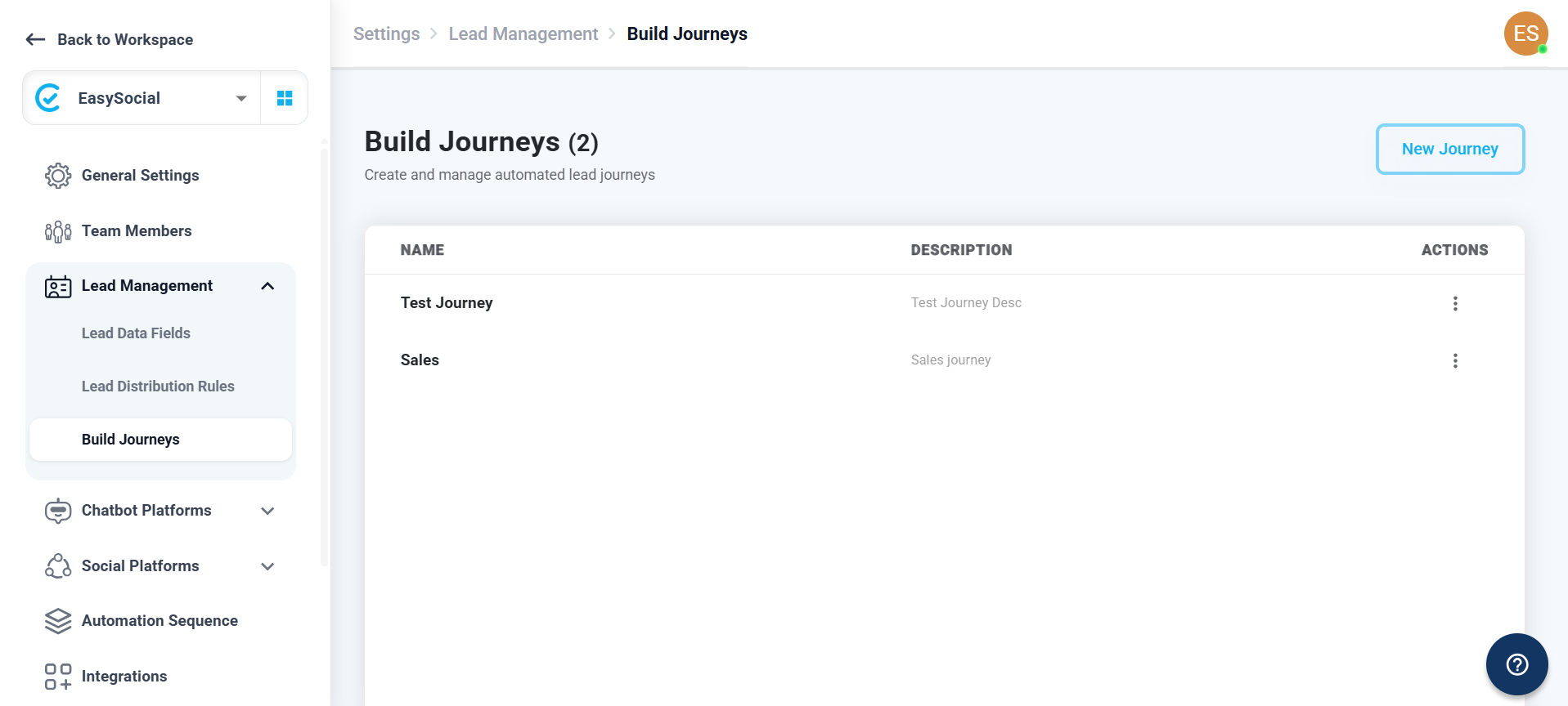 Build Journeys page showing journeys and the New Journey button